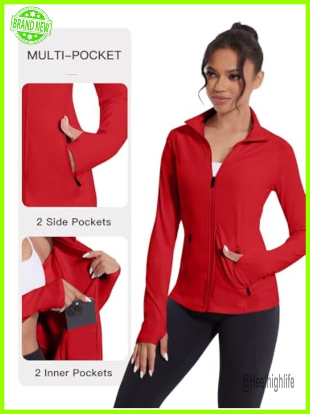 Zip Up Athletic Jacket with Pockets Thumb Holes Stretch Full Zip Running Yoga - Picture 2 of 7